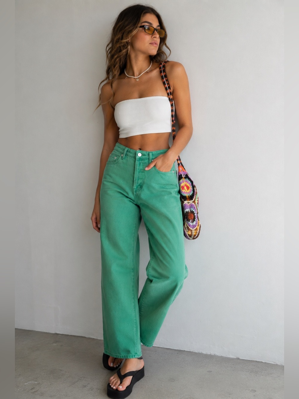 Edikted Willa Green High Rise Button Fly Wide Leg Denim Jeans